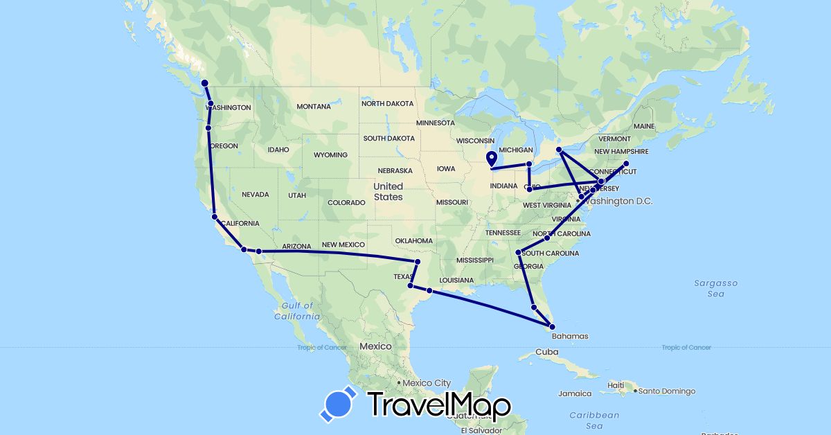 TravelMap itinerary: driving in Canada, United States (North America)